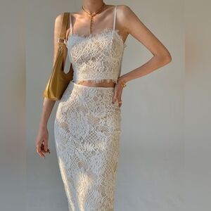 Sexy Spaghetti-straps Floral Lace 2 piece Dress - Size: M - 2 Piece - White